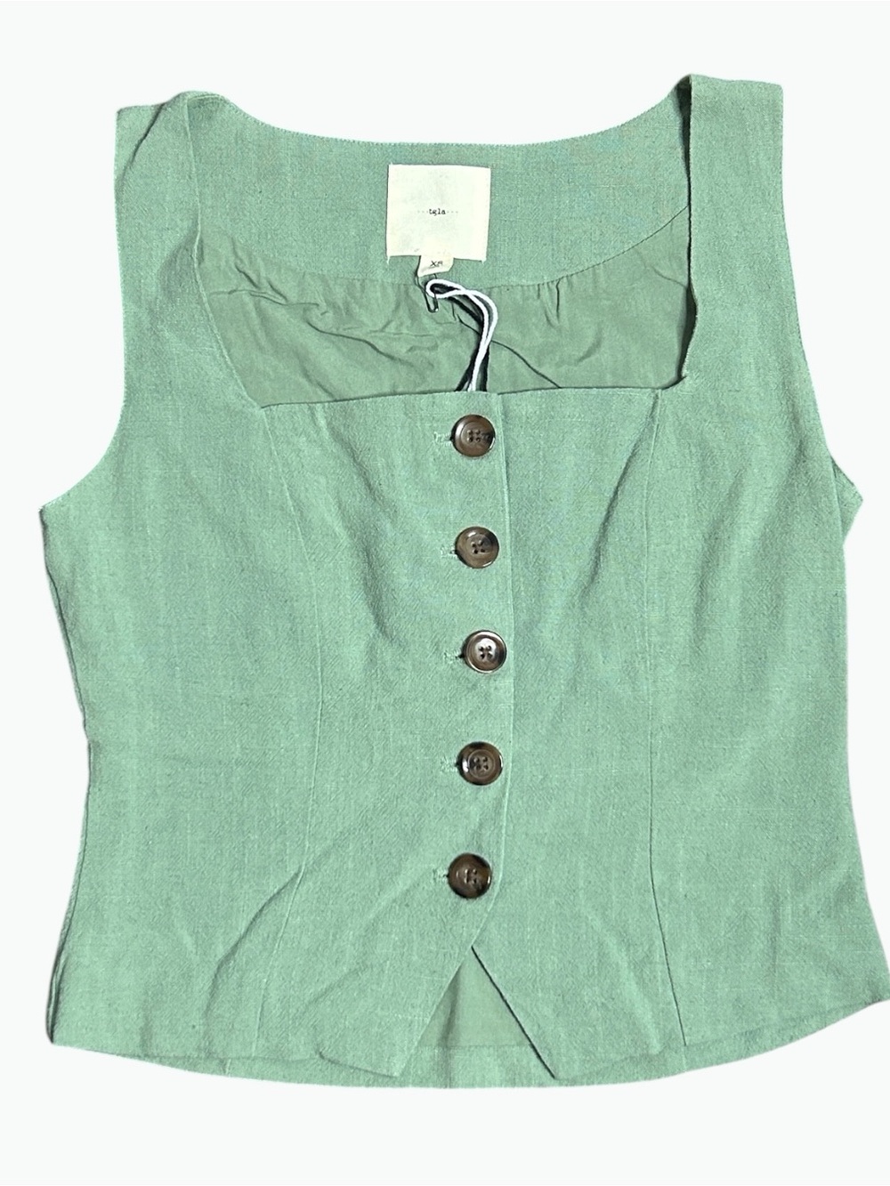 NWT TGLA Sage Green Linen Blend Button Front Vest Top XS